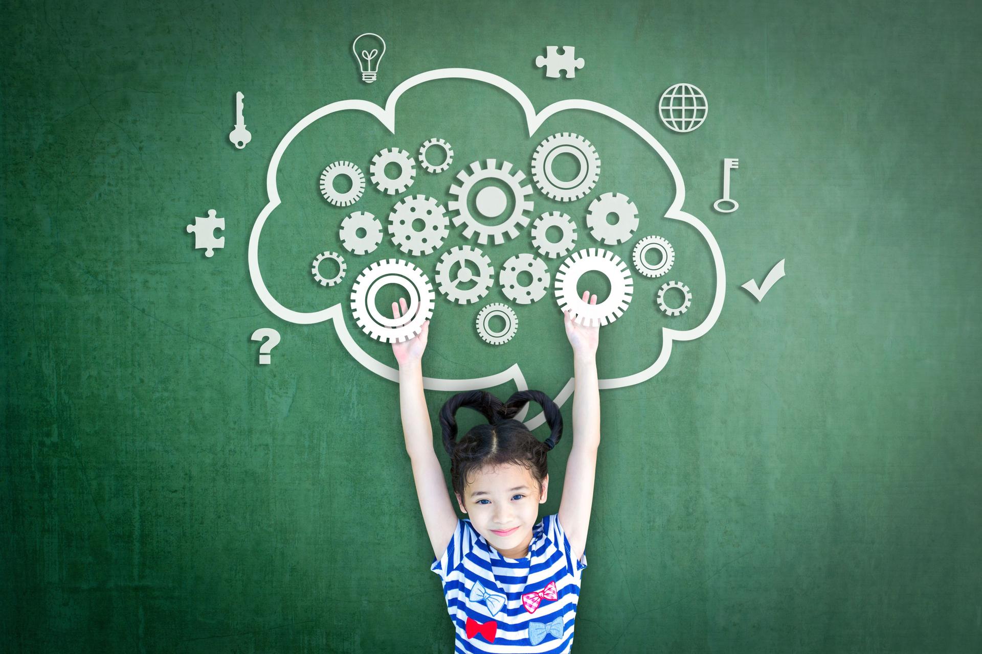 School girl kid student with cloud computing mind, smart brain imagination doodle on chalkboard for science technology education, children psychology and mental health awareness concept